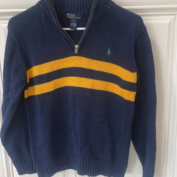 Polo Ralph Lauren Blue Navy Yellow Knit Sweater Logo Pullover Stripe large - Picture 2 of 10